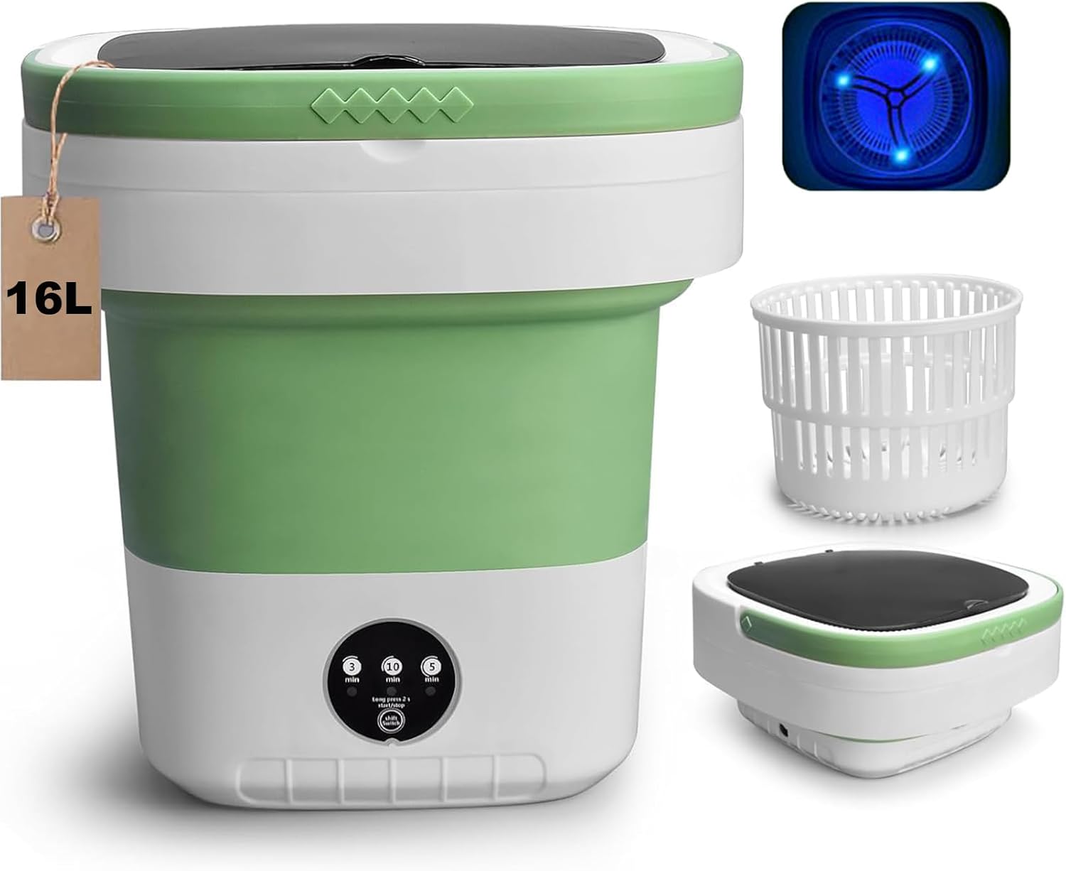 Portable Washing Machine, 16L Collapsible Mini Washer with UV-C Light & Spin Basket, 3 Cleaning Modes Small Foldable Laundry Machine for Clothes Underwear Socks Delicates Travel Camping Dorms (Green)