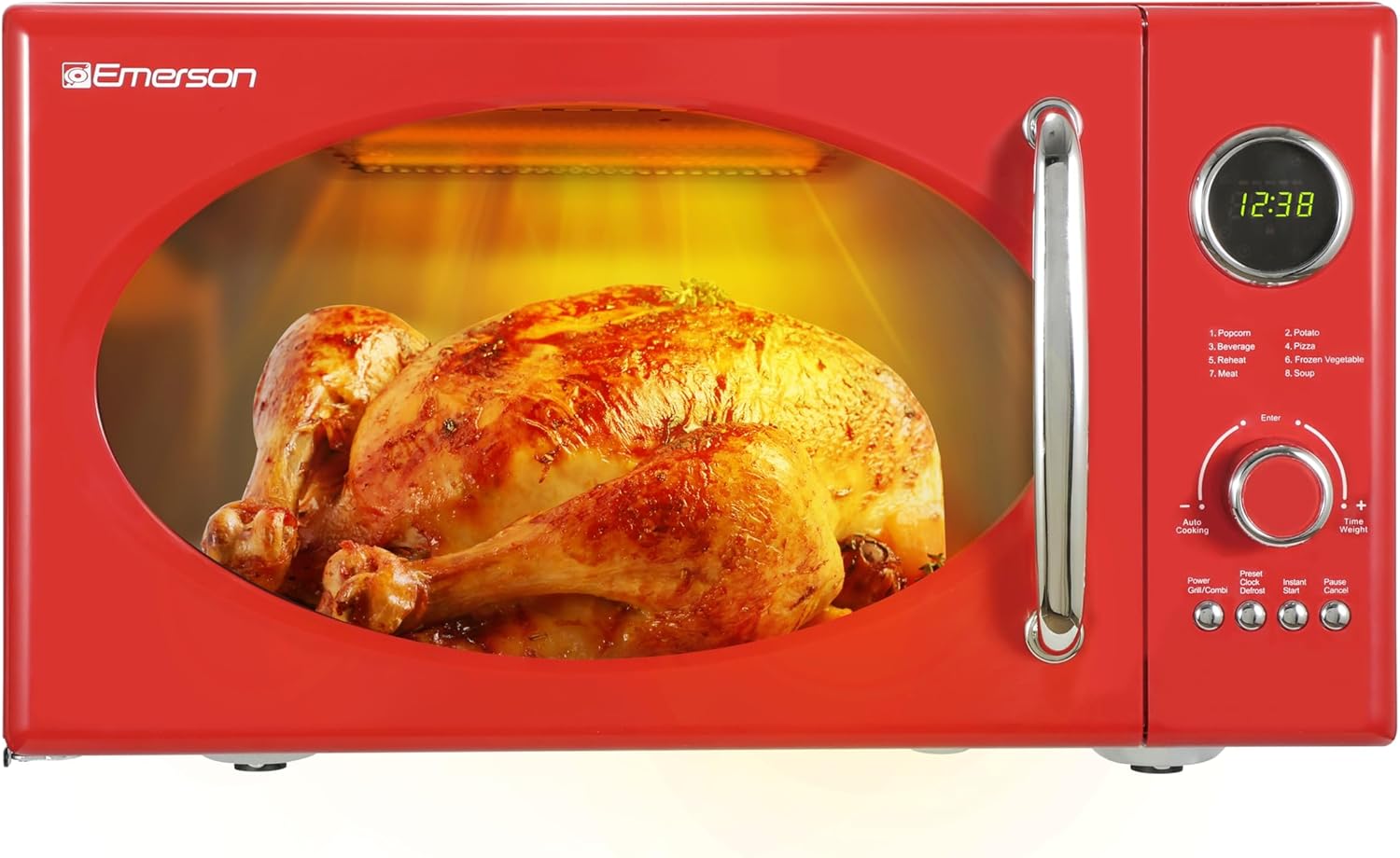Emerson MWRG0901RD 0.9 Cu. Ft. Retro Microwave with 1,000W Grill Function, 800W Cooking Power, LED Display, 5 Power Levels, 8 Auto Menus, Glass Turntable, Child Lock, Red Countertop Design