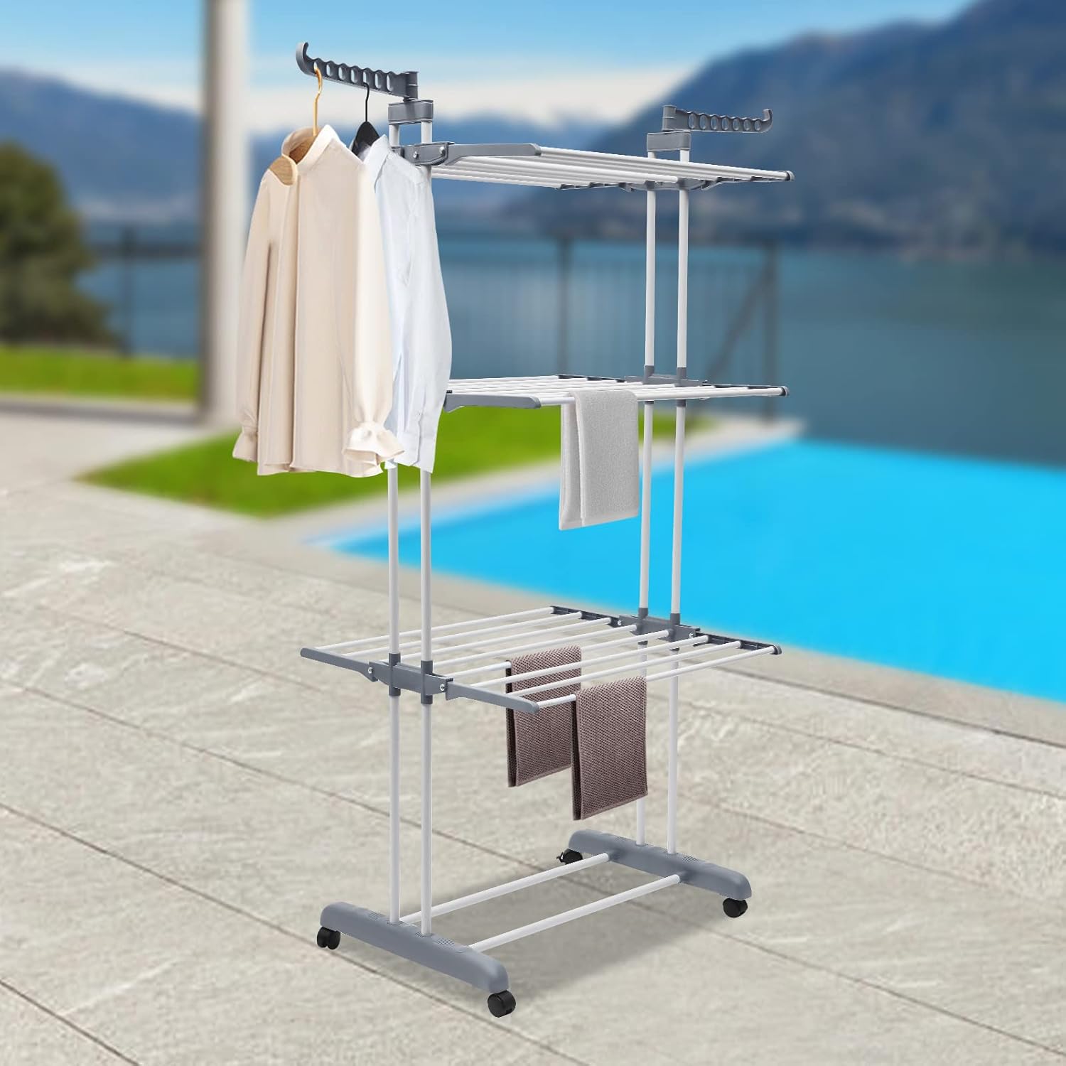 Clothes Drying Rack, Multifunctional Stainless Steel Folding Clothes Drying Rack, 4-Tier Metal Laundry Garment Dryer Stand for Bedroom, Lofts, Balconies, Patios (Gray)