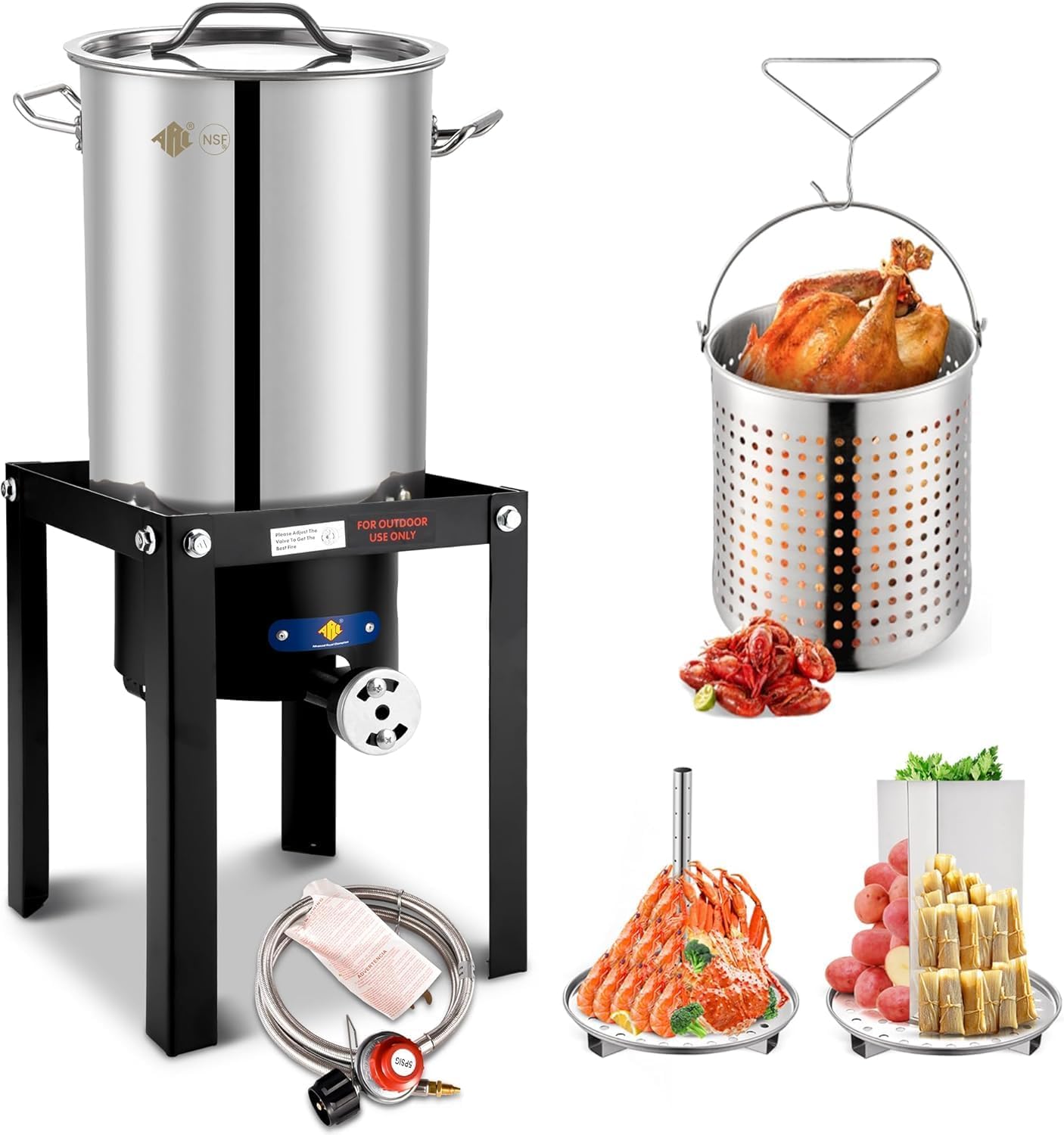 ARC 32QT Turkey Fryer Stainless Steel Stock Pot & 55,000 BTU Propane Burner Outdoor Deep Fryer, Stainless Steel Crawfish Boil Pot with Basket and Steamer Rack