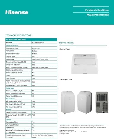 Hisense Portable Air Conditioner with Heatpump, SACC 8,000 BTU, 550 sq. ft. HAP55021HR1W