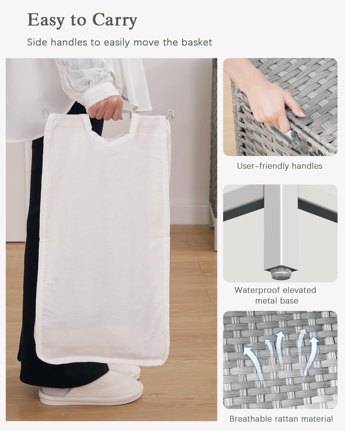 Laundry Hamper with Lid, 112 L Handwoven Rattan Wicker Laundry Basket, 2 Removable Liner Bags Metal Heightened Feet, 6 Mesh Bags, 2 Section Large Clothes Hamper for Bathroom Bedroom, Gray