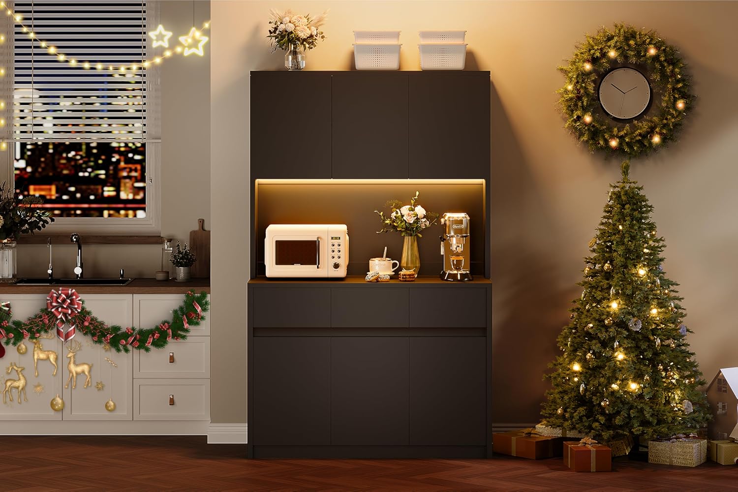 Contemporary Tall Pantry Cabinet with LED Lights & Charging Station - Adjustable Shelves, Drawers, Microwave Countertop - Multipurpose Storage Hutch for Entryway or Living Room, Black