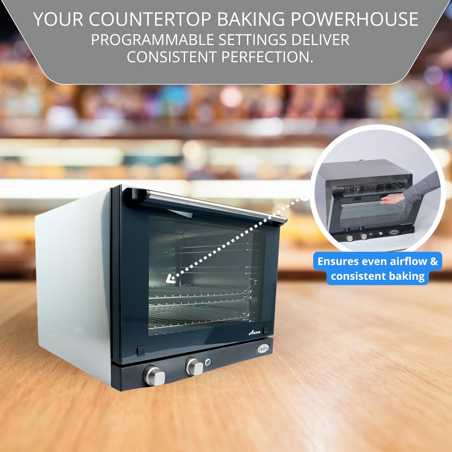 Cadco OV-023 Compact Half Size Convection Oven with Manual Controls, 208-240-Volt/2700-Watt, Stainless/Black, For Commercial Use, 120 lbs.