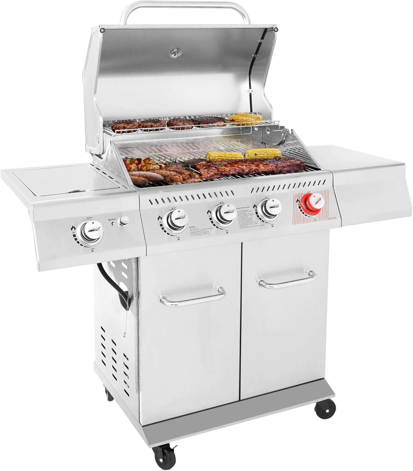 Royal Gourmet GA4402S 4 Burner Propane Gas Grill with Side Burner & Warming Rack, Stainless Steel Gas Grill with 54,000 BTUs Output for Barbecue Grilling & Backyard Cooking, Silver