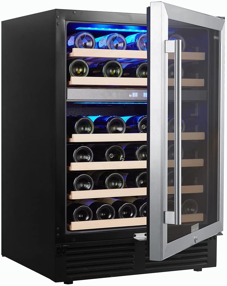 24 Inch 46 Bottle Wine Cooler Cabinet Beverage Fridge,Dual Zone Built-in and Freestanding Wine Cellars,41°F-68°F Digital Temperature Control,with Adva