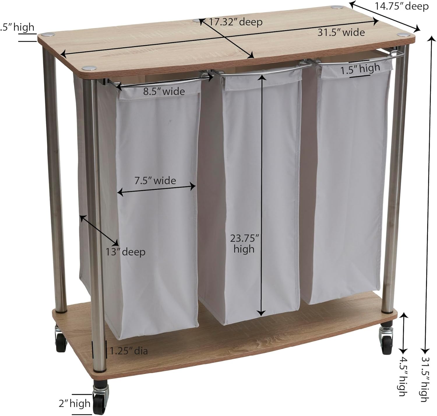 Household Essentials 3-Bag Laundry Sorter, Washable Linen Laundry Bags, 3-Load Capacity, Versatile, Light Ash