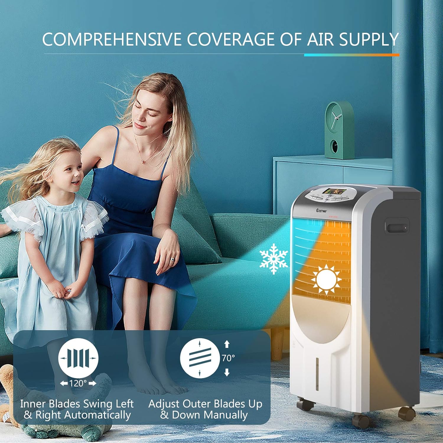 5-in-1 Air Cooler and Heater, Evaporative Air Conditioner with 3 Modes, 3 Speeds, 8-Hour Timer & 2 Ice Boxes, Portable Air Conditioner for Home, Office & Dorms