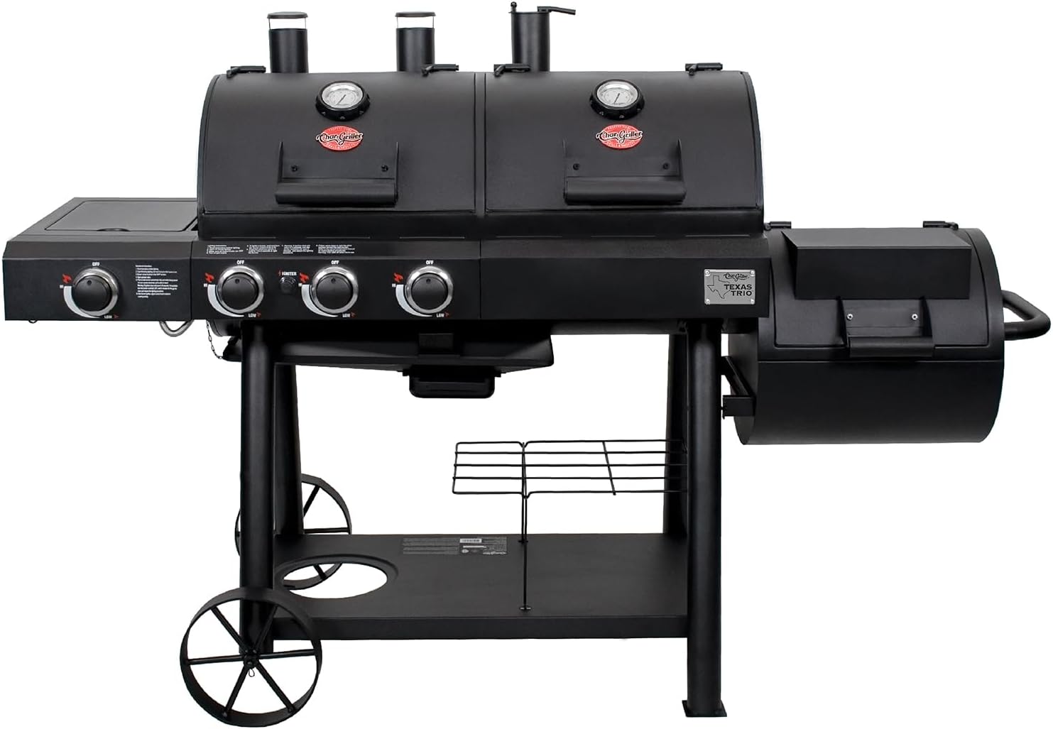 Char-Griller® Texas Trio 3-Burner Gas & Charcoal Grill and Smoker, Push Button to Ignite, Dual temperature Guages, Side Burner, Includes Side Firebox, 1,390 Cooking Square Inches, Black, Model# 3070