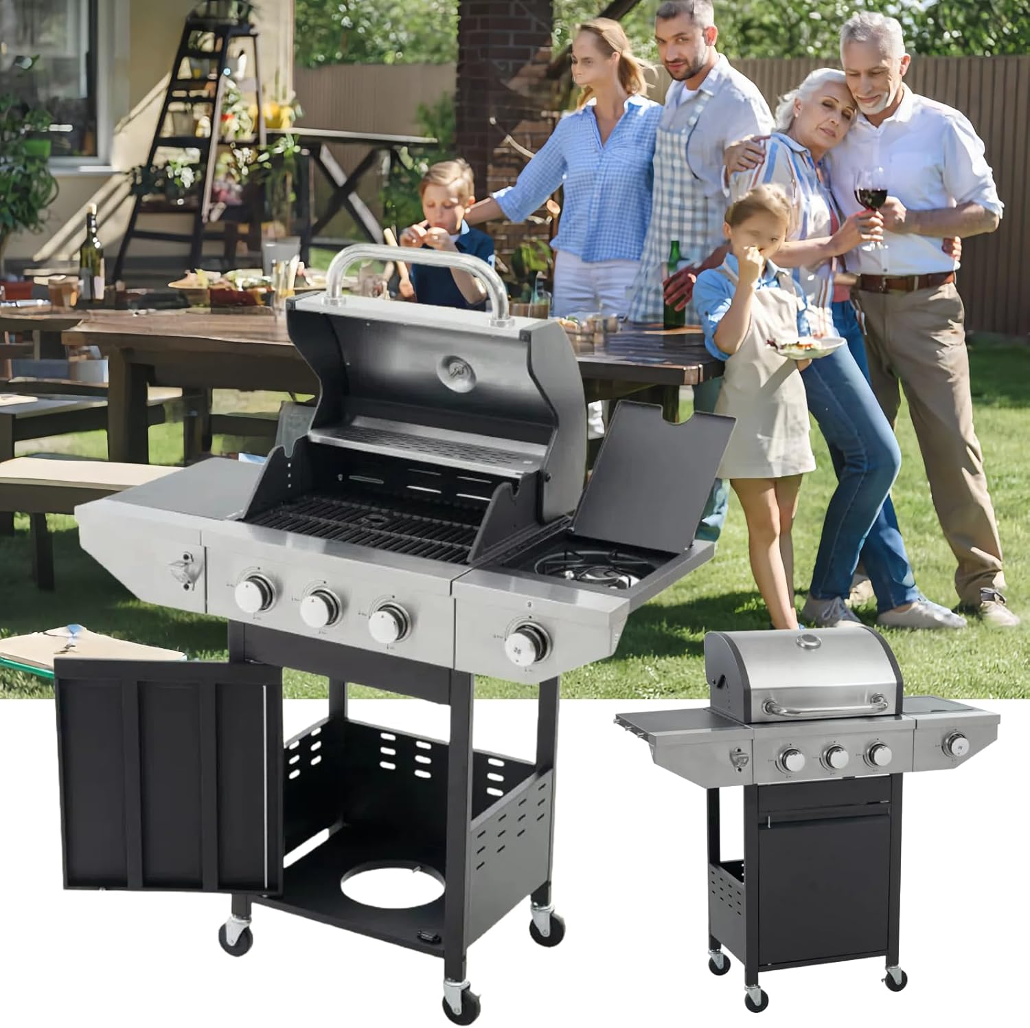 Black Stainless Steel 3-Burner Propane Gas Grill with Side Burner, 37,000 BTU Outdoor BBQ Grill | Electronic Ignition | Built-in Thermometer | Patio & Garden Cooking