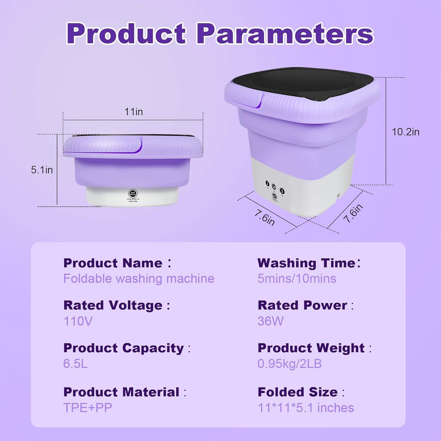 6.5L Folding Washing Machine,Portable Washing Machine,Small Washer with 3 Modes Deep Cleaning & Spin-dry,Easy to Carry,Suitable for Apartments, Dormitories, Camping, RV, Travel,Hotels-Purple
