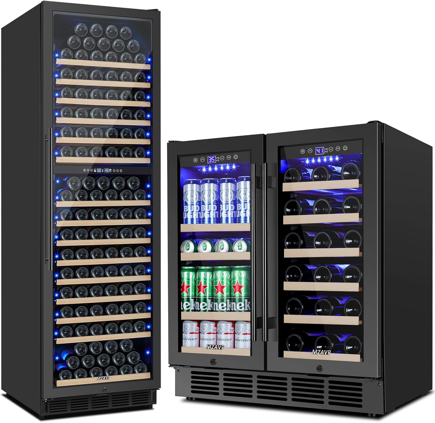 24 Inch Wine Fridge & 30 Inch Wine and Beverage Refrigerator with Upgraded Compressor, Intelligent Temperature Memory, Freestanding or Built-In Dual Zone Wine Cooler Black