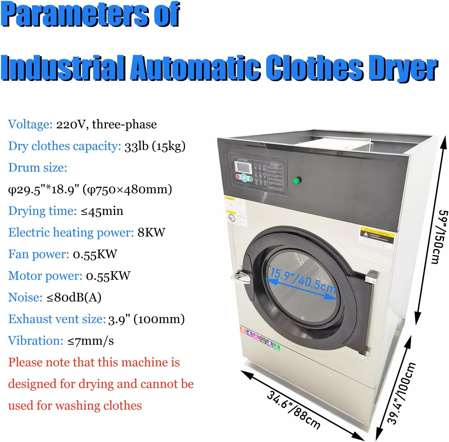 Industrial Automatic Clothes Dryer 33lb Capacity Clothes Drying Machine Commercial Automatic Clothing Drying Machine 15kg Drum Capacity Industrial Clothing Dryer, 220V Three-Phase 3PH