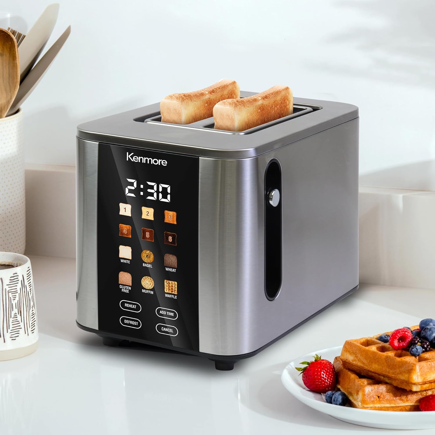 Kenmore 2-Slice Toaster | Color Touch Screen & 6 Shade Settings | Extra Wide Slots | Digital Countdown Timer | Customizable Smart Presets | Reheat, Defrost, Add Time Functions | Stainless Steel