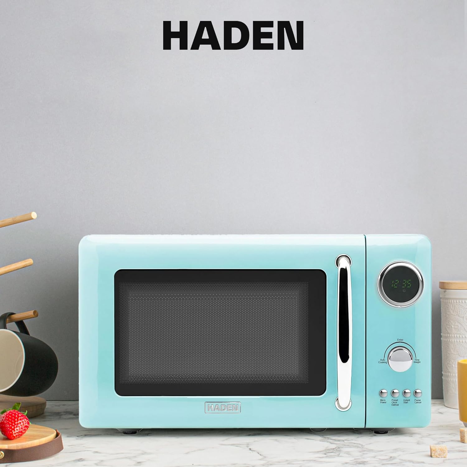 Haden 700 Watt 0.7 Cubic Foot Microwave Oven with Digital Controls, Defrost, and Instant Start Countertop Small Appliance, Turquoise/Chrome