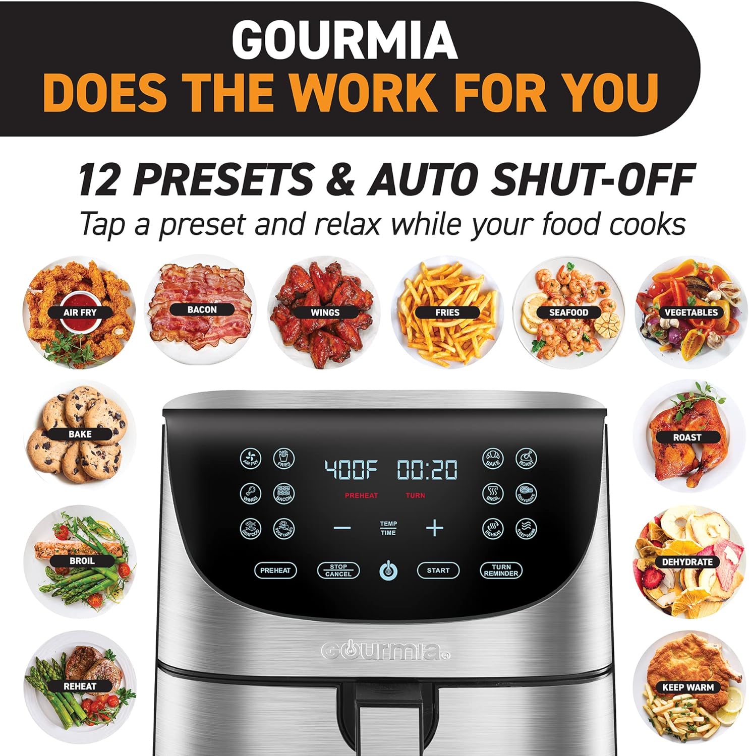 Gourmia Air Fryer Oven Digital Display 7 Quart Large AirFryer Cooker 12 Touch Cooking Presets, XL Air Fryer Basket 1700w Power Multifunction GAF778 Black and stainless steel air fryer FryForce 360°