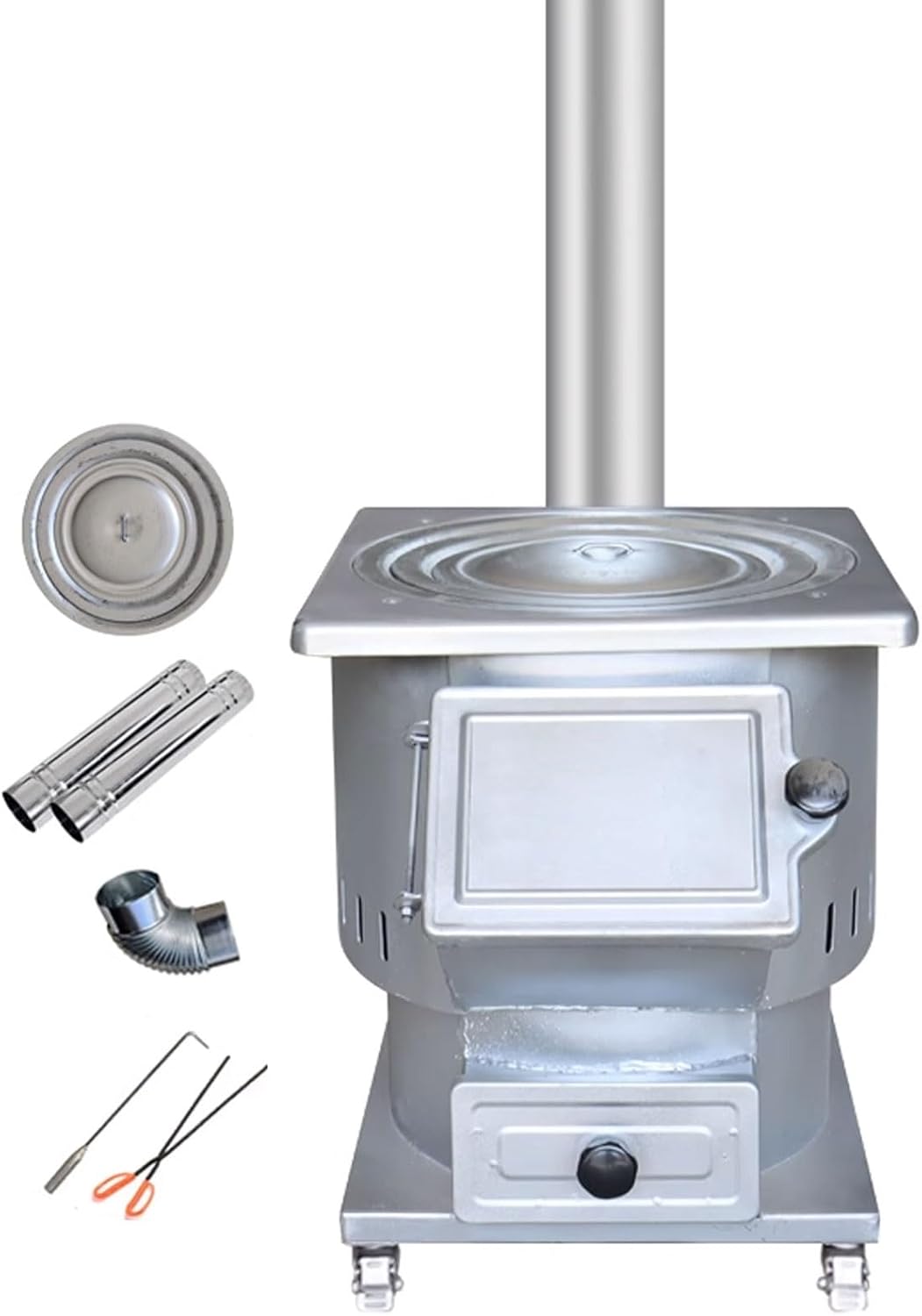 Tent Stove Outdoor Cooking Stove Steel Plate Material Swivel Casters At the Bottom Includes Fire Tongs, Fire Hook, and 80cm Chimney 250kg Load Capacity