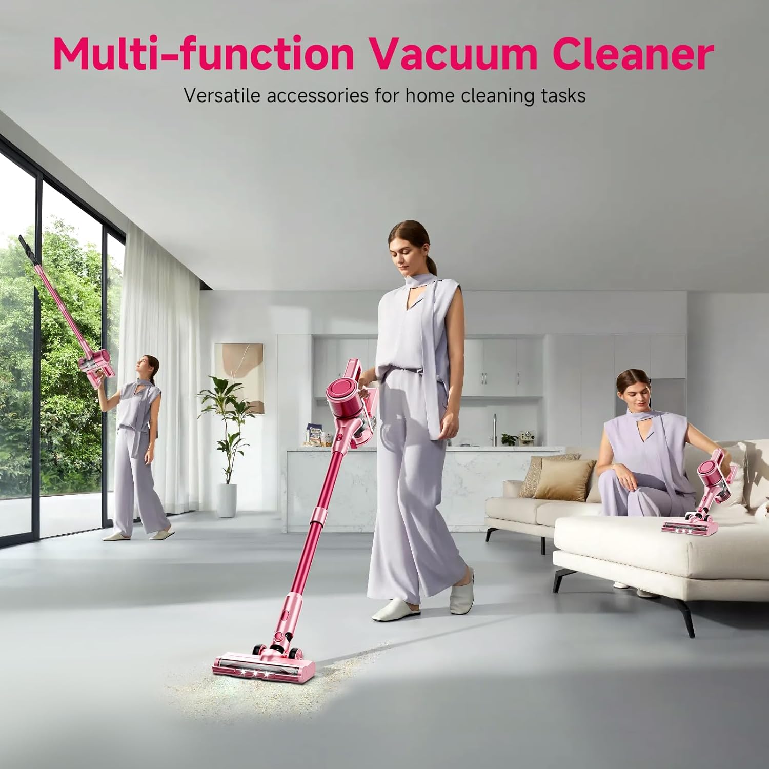 Cordless Vacuum Cleaner,55Mins/Powerful Vacuum Cleaners for Home,Stick Vacuums with 8 in 1,Touch Screen,LED Headlights, Anti-Tangle,Pet Hair,Pink