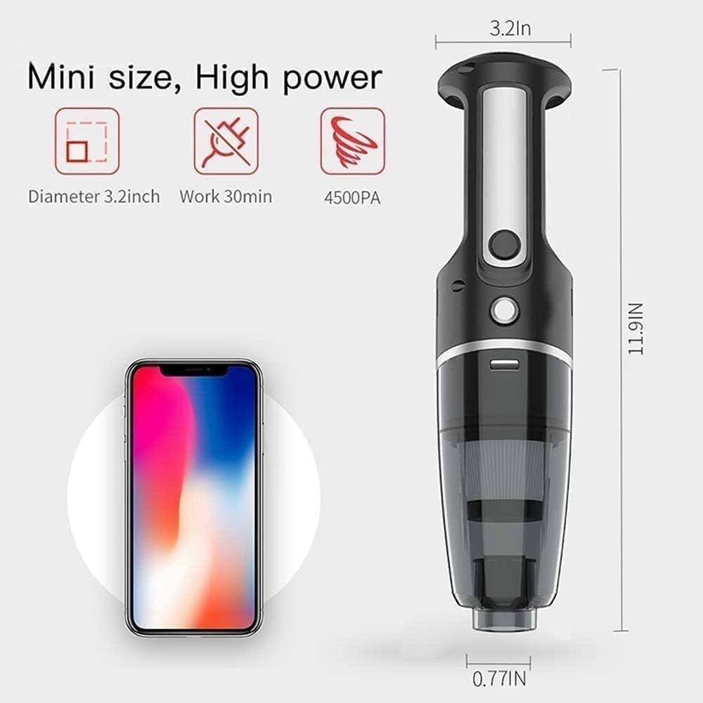 Hand Vacuum Cordless Rechargeable, 4500Pa Vacuum Portable Hand Held Vacuuming, USB Charging for Home, Office, Car (Black)