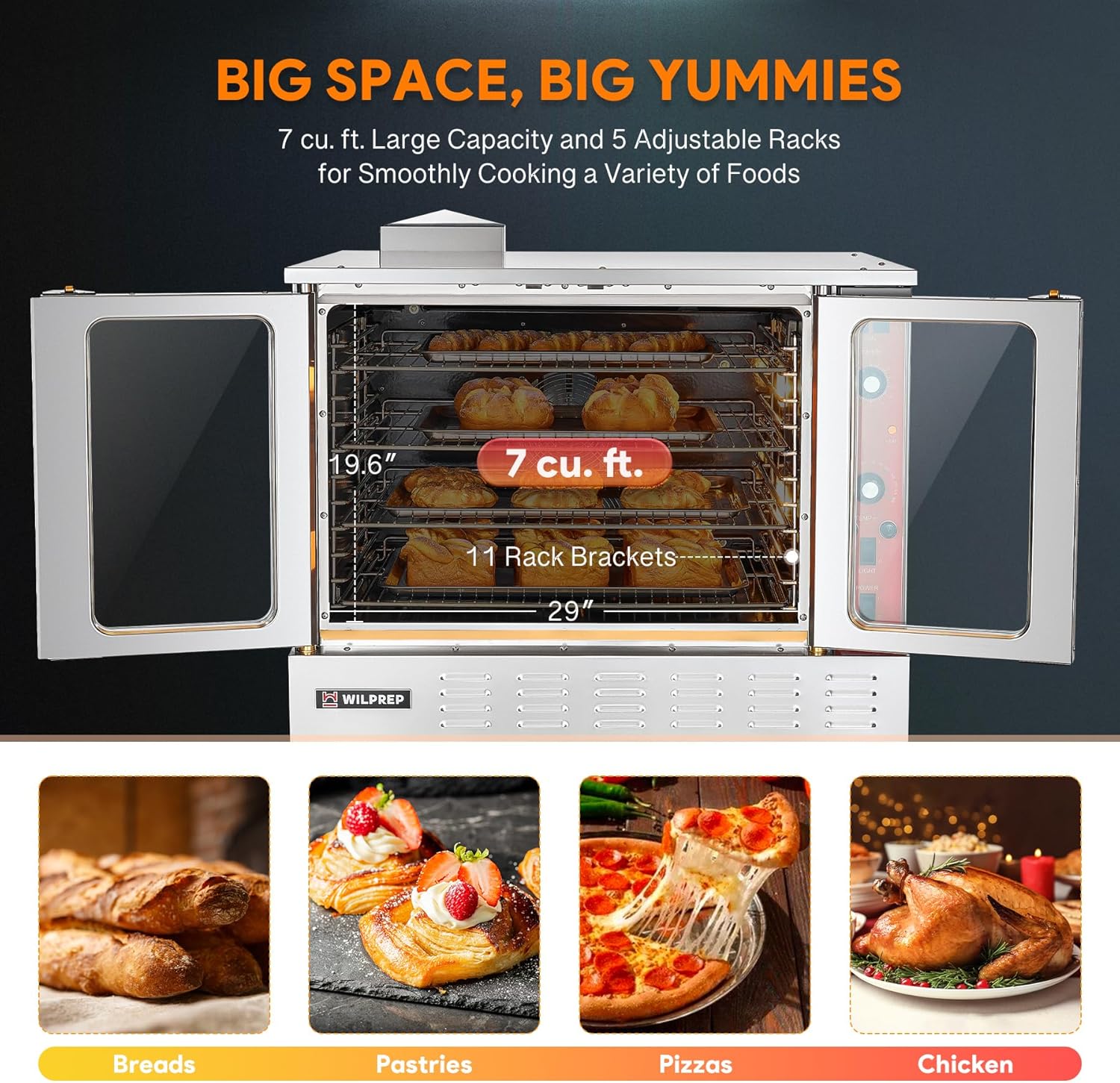 Commercial Convection Oven, Single Deck Electric Convection Oven with 10 kW Power, 7 cu ft Capacity, 38