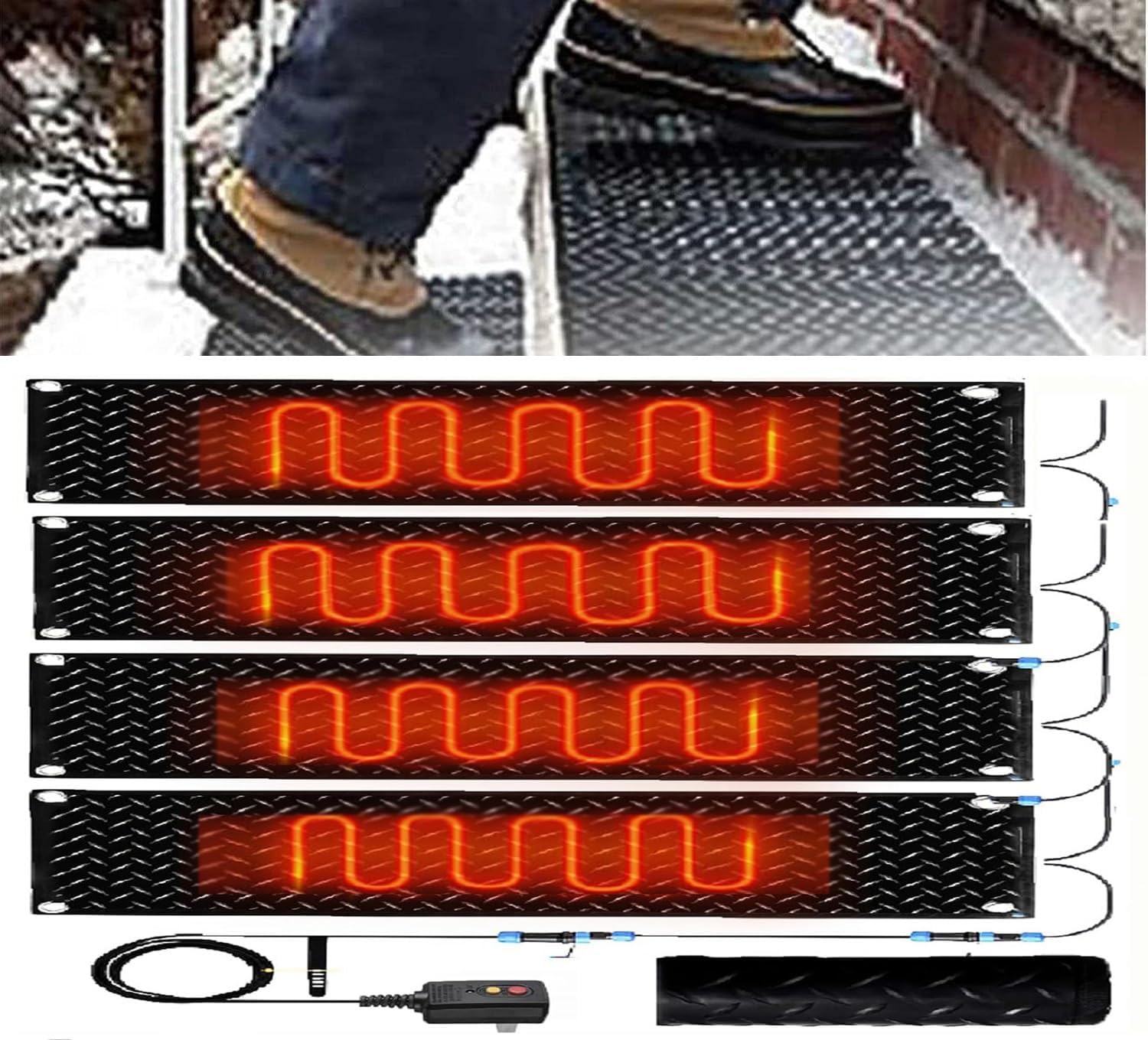 Heated Snow Melting Mat for Stairs, 1/2/3/4/5 pcs Snow Melting Non-Slip Walkway Heated Outdoor Mat, Non Slip Rubber Heated Mat for Winter Outdoor Stairs, Steps, Doo(4 Pcs-10x48in/(25.4x120cm))