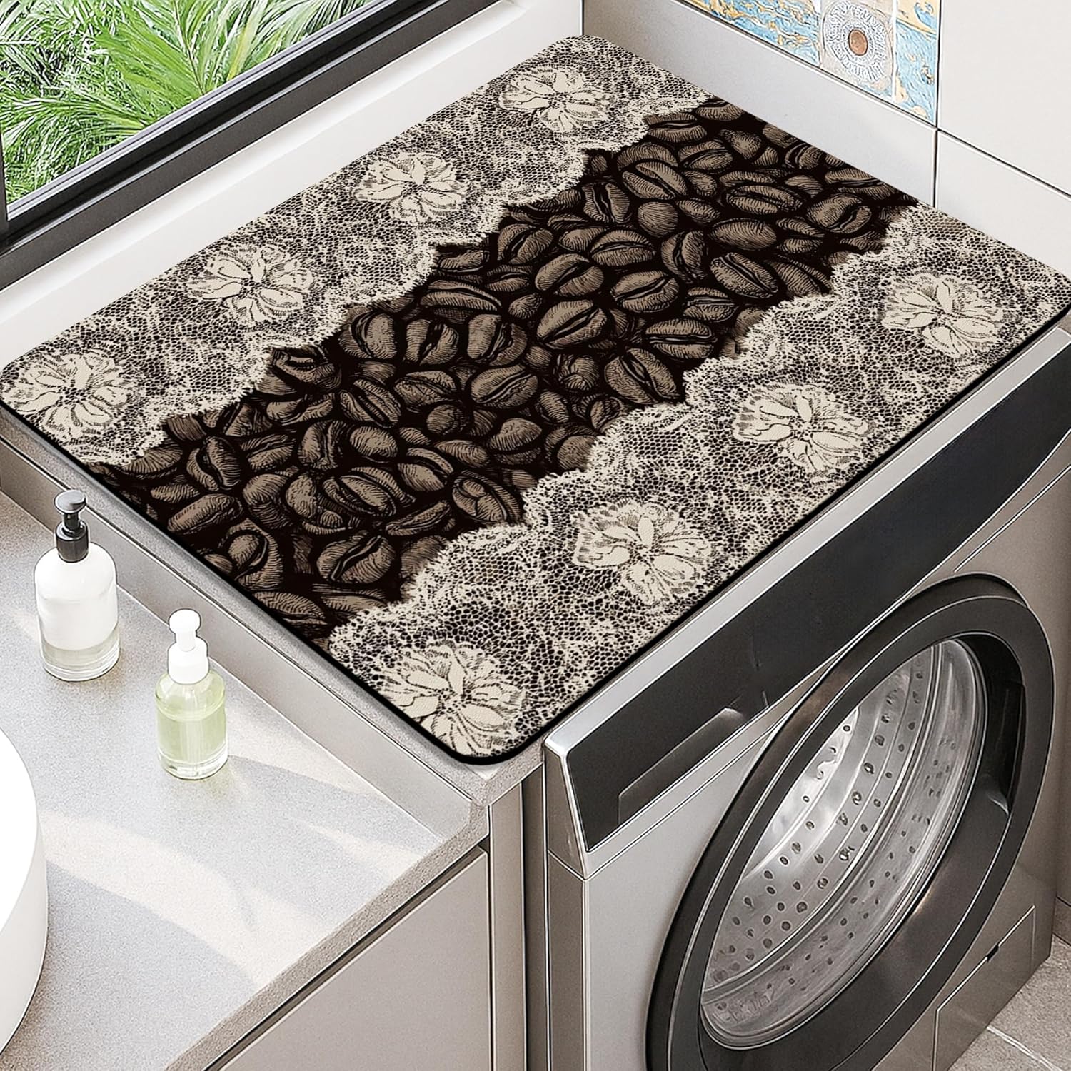 Coffee Beans Washer Dryer Top Protector Mat, Vintage Brown Floral Laundry Machine Dust Covers, Rustic Rubber Anti-slip Waterproof Washer And Dryer Mats for Home 20x24 Inch