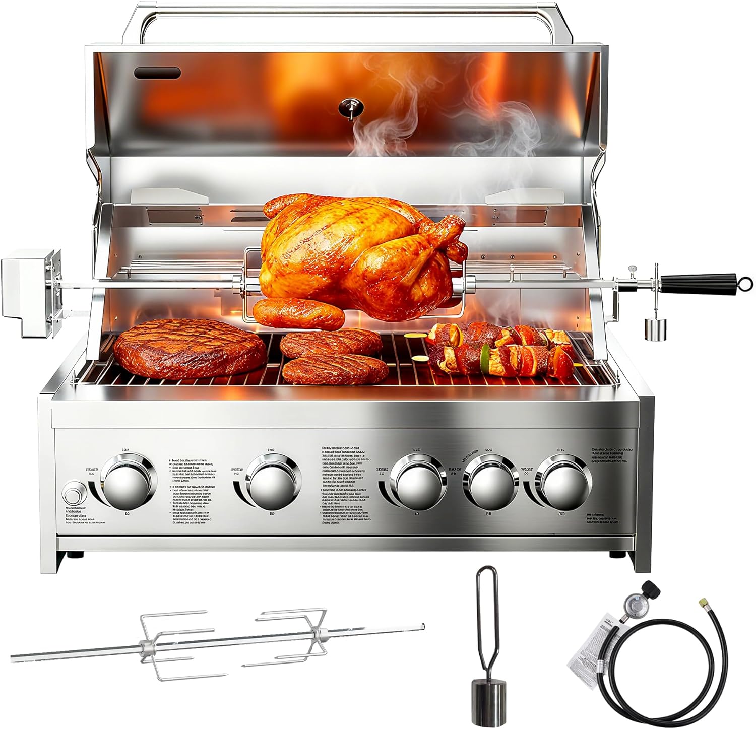 BODEGA 5 Burners Built in Propane Grill, Stainless Steel Outdoor Kitchen BBQ Island, 30 Inch Built in Gas Grill Island Head, 58000-BTUs, LPG/NG Convertible, Gas Grill Outdoor Cooking, BBQ Fork Kit.