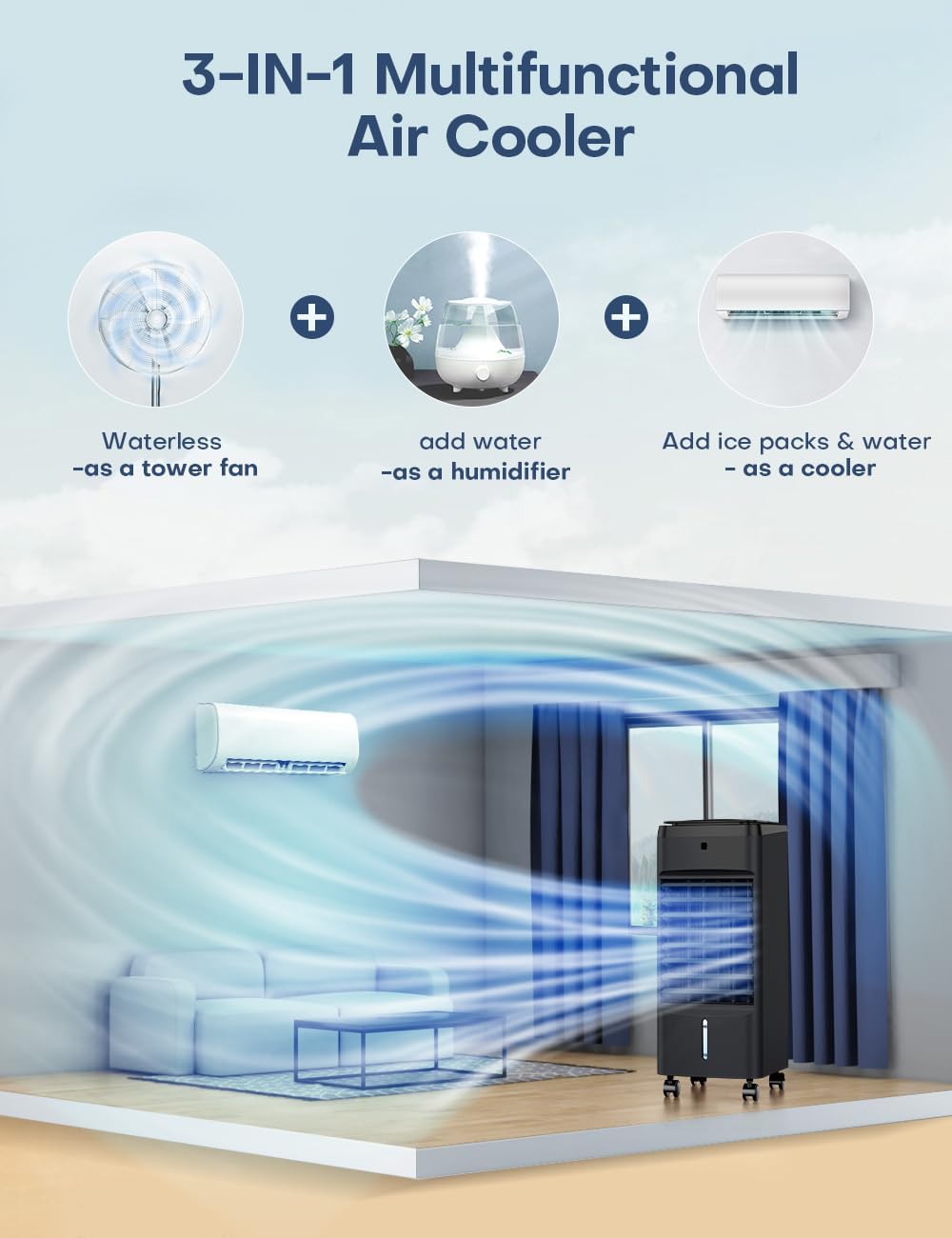 NOMEY 3-IN-1 Portable Air Conditioners 4 Modes & 3 Speeds, Waterless Alert System, 12H Timer, 1 Gal Detachable Water Tank, 4 Ice Packs, Remote, 70° Oscillation Windowless Evaporative Air Cooler