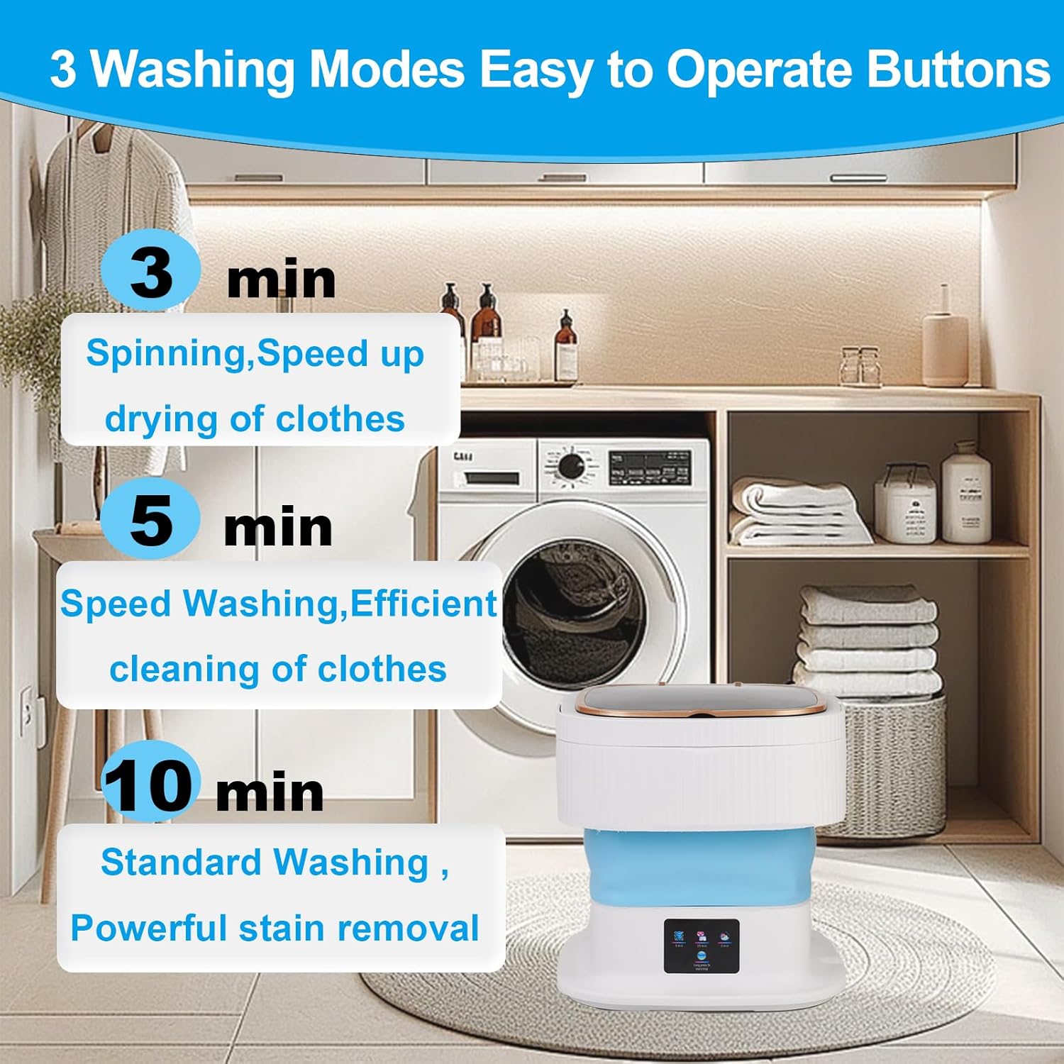 18L Portable Washing Machine, Foldable Mini Washer with 3 Modes, Small Laundry Washer for Clothes, Underwear, Apartments and Travel (Blue)