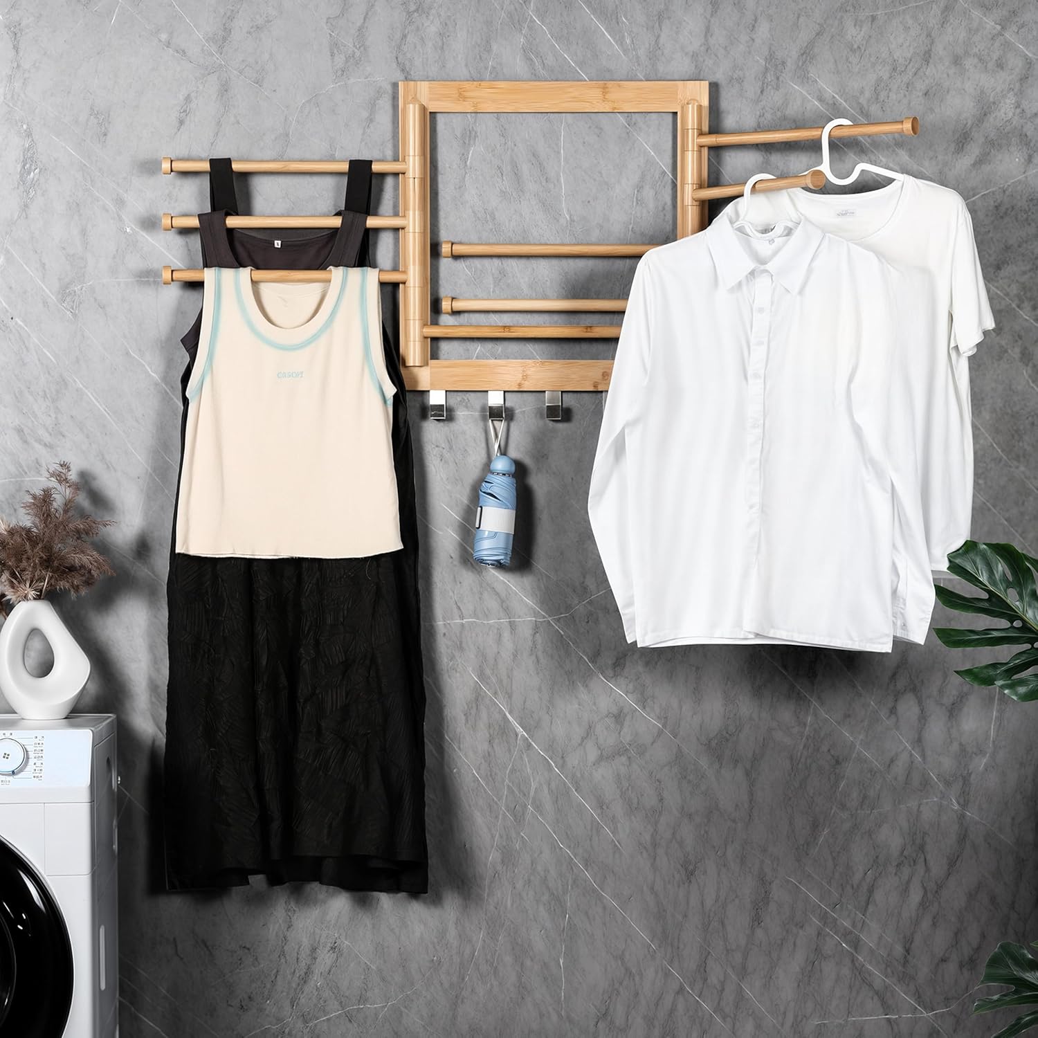 Wall Mounted Drying Rack - Clothes Drying Rack Wall Mounted for Laundry - 20 INCH - with 5 Hooks and 8 arms - 80 lbs Capacity - Natural Bamboo