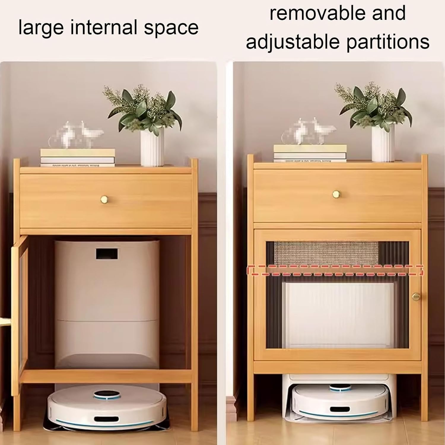 Wood Organizer Stand for Robotic Vacuum Robot Vacuum Stand Cabinet 2-Door Design with Drawers and Glass Doors Removable Shelves Office Storage Cabinet(Natural)