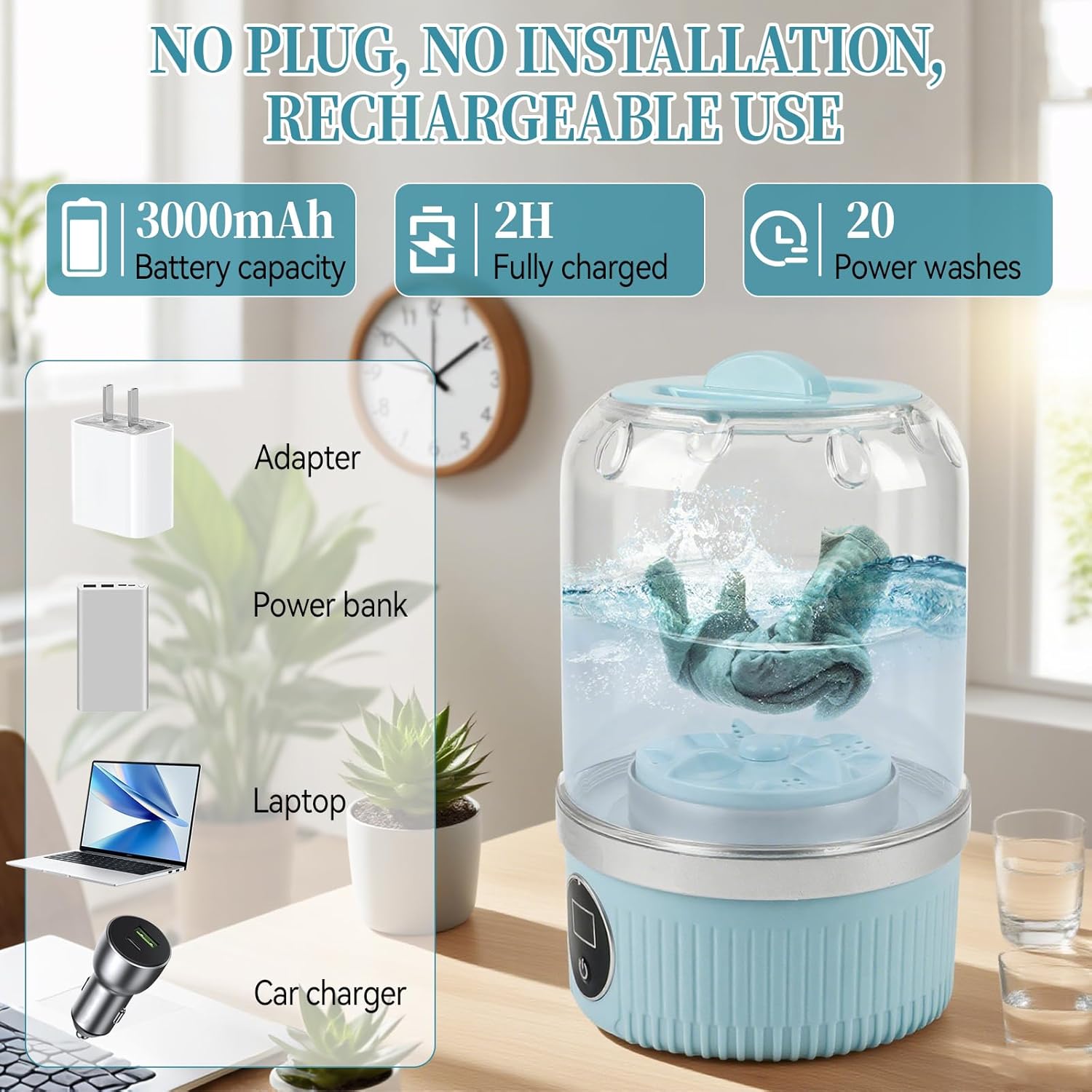 JOJOCY Portable Mini Washing Machine, Rechargeable 15W Cordless Underwear Washer for Bra, Socks, Baby Clothes, Travel & Dorm Use USB-Powered Laundry Cup 2 Wash Modes (Blue)