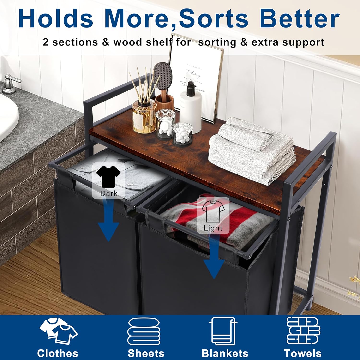 Whitmor Laundry Sorter, 92L Laundry Hamper with Shelf & 2 Removable Bags, 2 x 12.1 Gallons (46L), 28.8 x 13 x 28.4 Inches, Dirty Clothes Hamper Organizer for Laundry Room, Bathroom, Dorm, Black