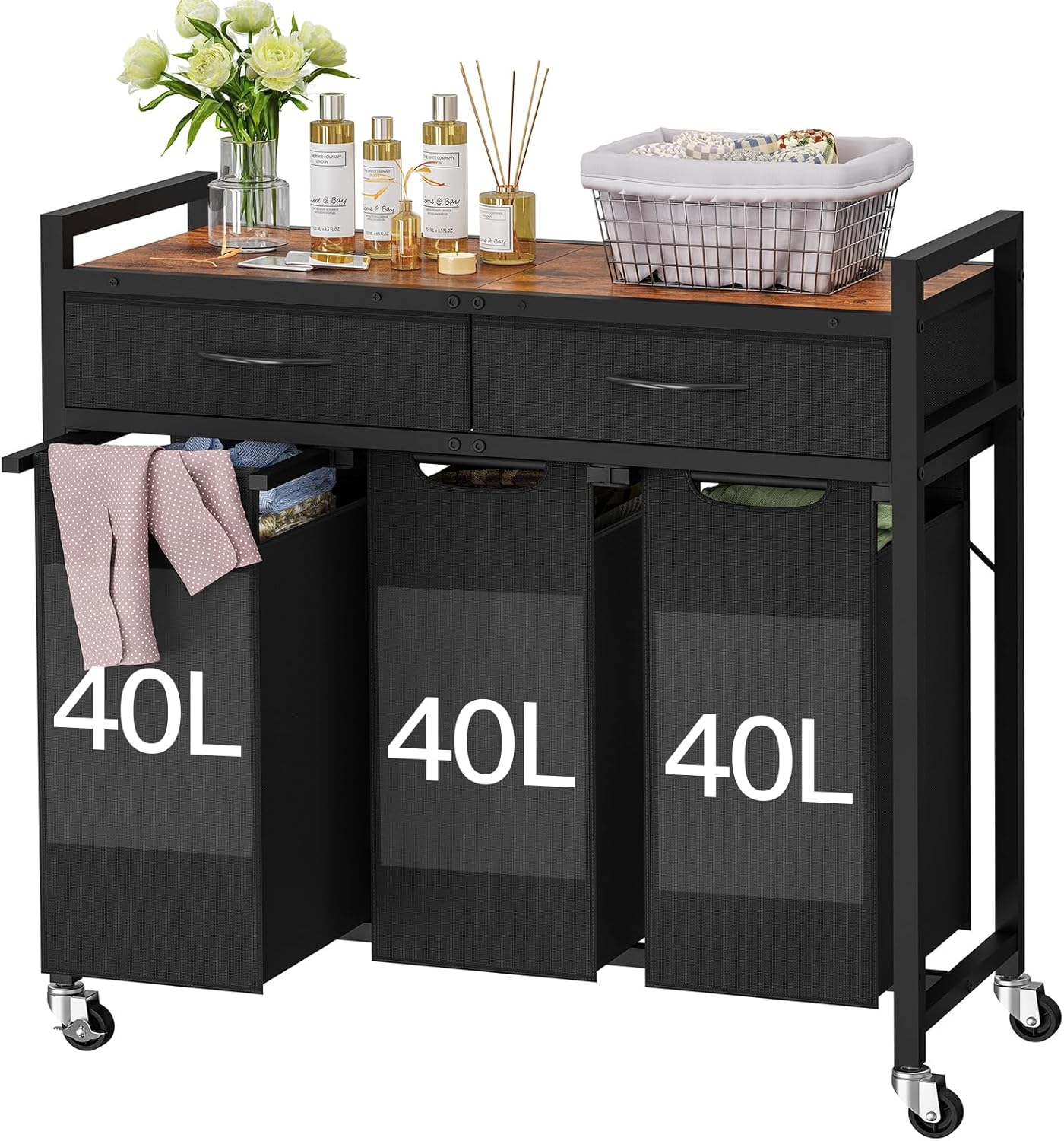 Laundry Sorter 3 Section, 120 L Laundry Hamper with 2 Drawers & 2-tone Top Panel, Rolling Laundry Basket Organizer with Pull-Out Removable Oxford Fabric Bags for Laundry Room Organization