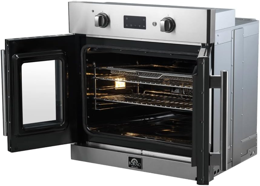 FORNO Asti 30-Inch Electric French Door Stainless Steel Wall Oven - 2470V 3500W 3.68 Cu. Ft. Electric with LED Display Screen and Safety Lock - Wall Oven with Telescopic Racks with Air Fry & Drip Tray
