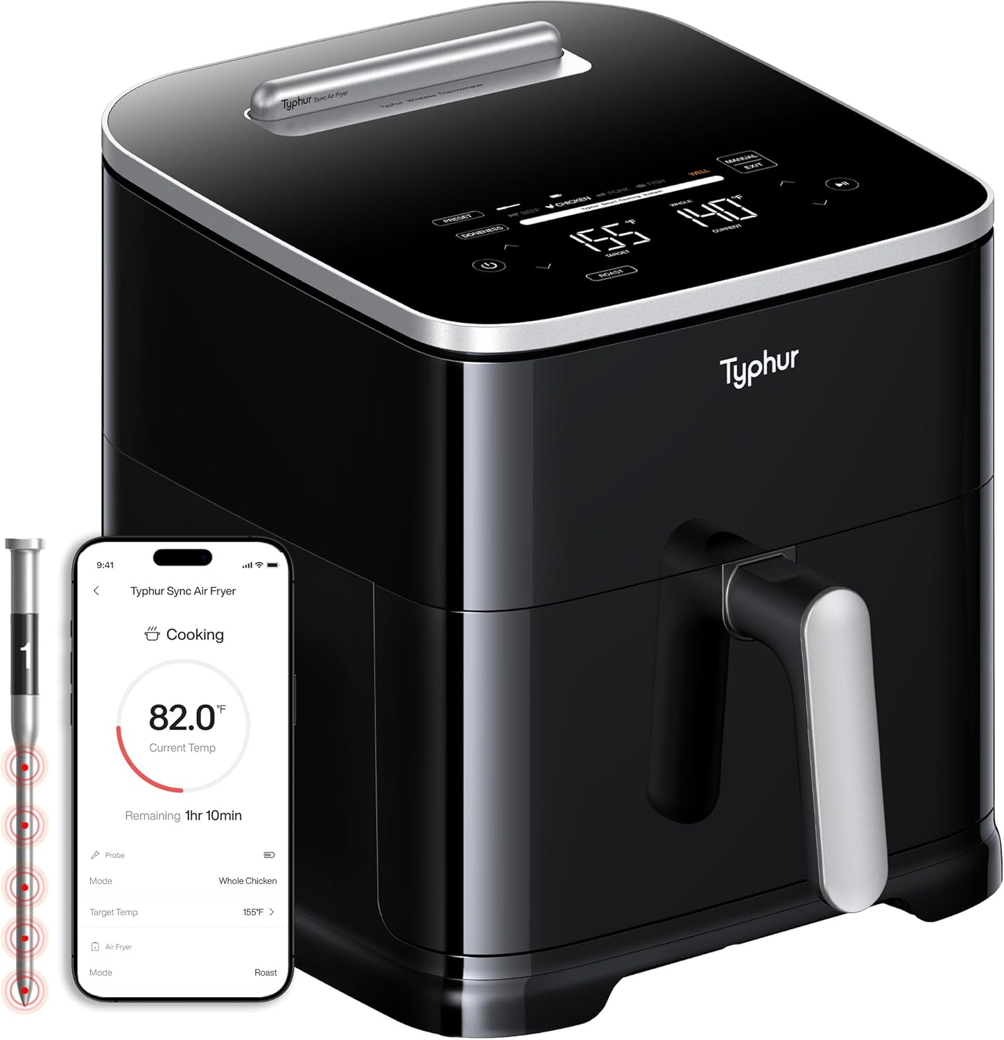 Typhur 8QT Sync Air Fryer with Built-in Wireless Meat Thermometer, 9-in-1 Smart Non Toxic Ceramic Airfryer for Quick Easy Meals, 450°F Max, Cooks 6lb Whole Chicken, Dishwasher Safe, 120V