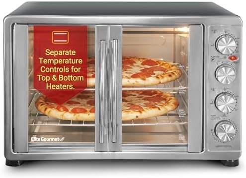 Elite Gourmet ETO-4510M French Door 47.5Qt, 18-Slice Convection Oven 4-Control Knobs, Bake Broil Toast Rotisserie Keep Warm, Includes 2 x 12