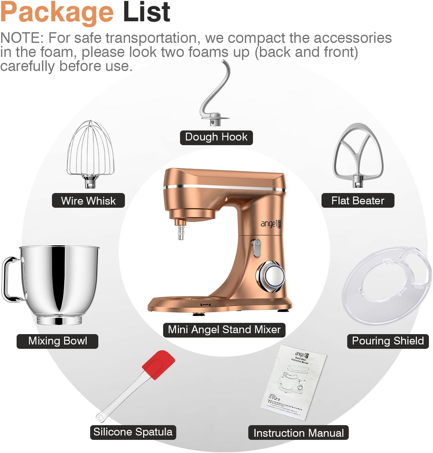 Mini Angel Stand Mixer,10-Speed 5QT Kitchen Electric Mixer,Tilt-Head Food Mixer with Dough Hook, Wire Whisk, Flat Beater, Stainless Steel Bowl (Champagne)