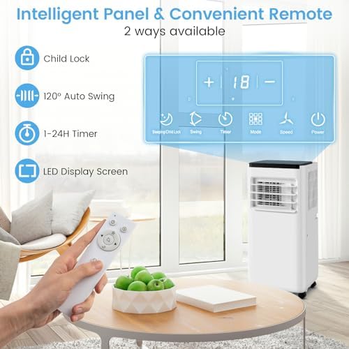 HOMGX 10000BTU Portable Air Conditioner, 4-in-1 AC Unit w/Auto Mode & Child Lock, LED Display & Timer for Home Office, Mobile Floor AC with Remote & Touch Control for Rooms Up to 350 Sq.Ft (10000BTU)