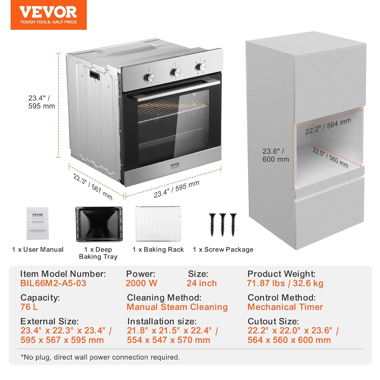 VEVOR Single Wall Oven, 2.68 Cu.Ft Electric Wall Ovens with Timer, 24
