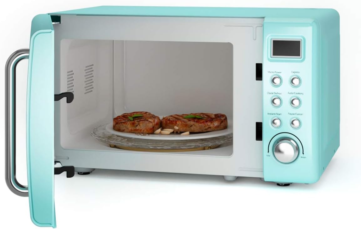 Retro Countertop Microwave Oven, Large 0.7Cu.ft, 700-Watt, Cold Rolled Steel Countertop with Time Setting, Glass Turntable Plate, Pre-Programmed Cooking Settings, LED Display, Child Lock (Green)