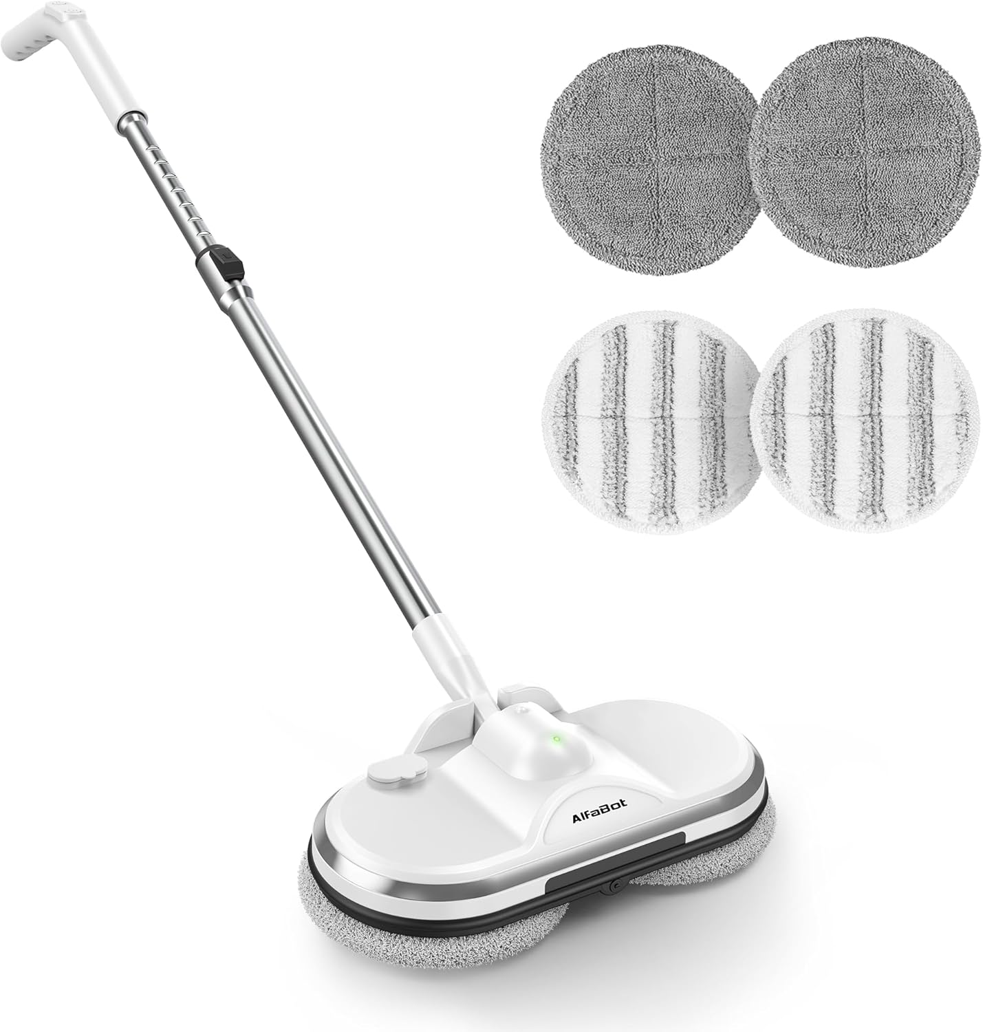 Electric Mop, AlfaBot WS-24 Cordless Spin Mop for Floor Cleaning, Lightweight & Rechargeable Floor Cleaner with Water Sprayer and LED Headlight for Hardwood and Tile Floors, White