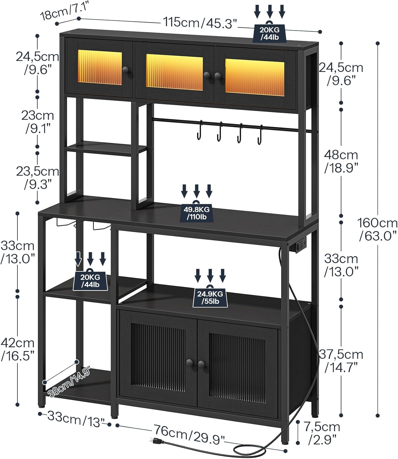 HOOBRO Bakers Rack with Power Outlet and LED Light, 45.3 Inch Microwave Stand with Shelves, Coffee Bar Cabinet with Wine Rack & 4-S Hooks, Kitchen Utility Storage Shelf with Cabinet, Black BB16UDHB01
