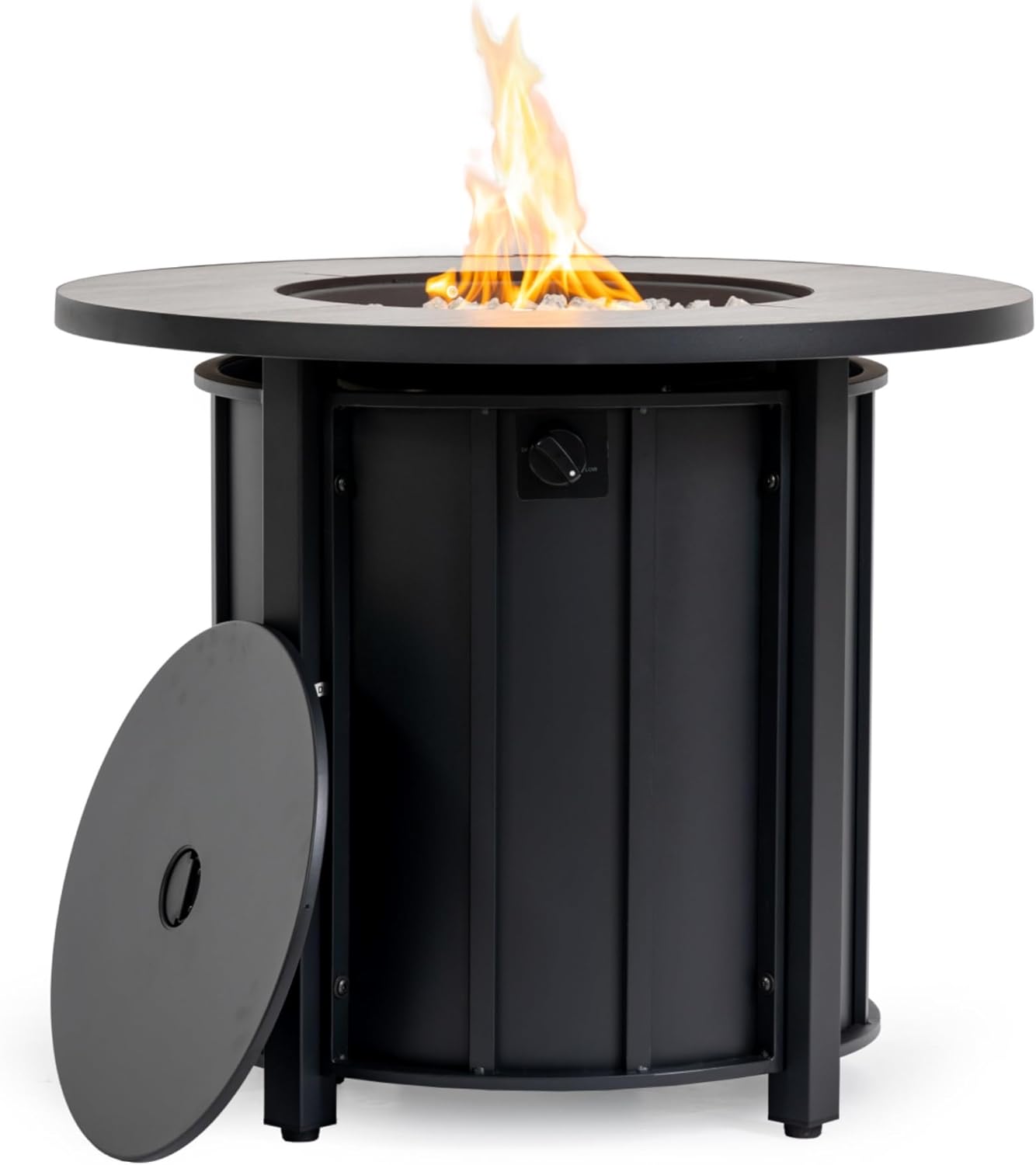 30 Inch Propane Fire Pit, Outdoor Fire Pit Table, CSA-Certified 50000 BTU Round Steel Gas Fire Pits with Lid and Wood Grain Ceramic Tabletop for Parties Outside Patio Deck Garden, Black