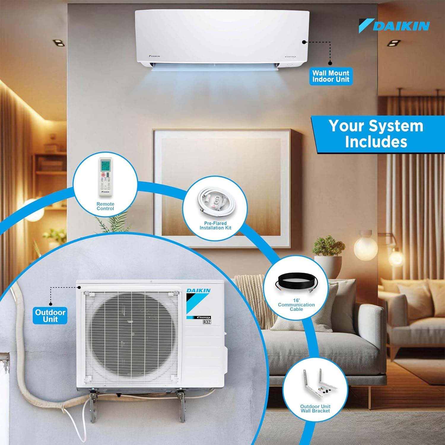 Daikin 18,000 Btu 21 SEER2 Oterra Series Ductless Mini-Split Wall Mount Heat Pump Air Conditioner - R32 w/Installation Kit, 1/2 Whip, 30A Disconnect and Wall Bracket