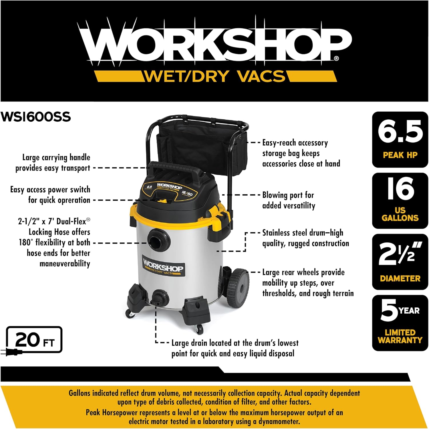 WORKSHOP Wet/Dry Vacs Shop Vacuum WS1600SS 16-Gallon 6.5 Peak HP Stainless Steel Wet Dry Vacuum Cleaner with Filter, Dust Bag, Hose, Attachments and Cart for Heavy Duty Professional Cleaning