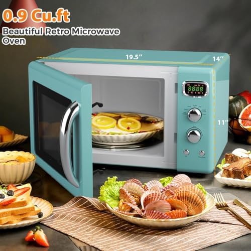 SIMOE Retro Microwave Oven 0.9Cu.ft, 900W Compact Countertop Microwave w/5 Micro Power & 8 Auto Cooking, Child Lock, Timer Setting & Glass Turntable, LED Display, Mint Green