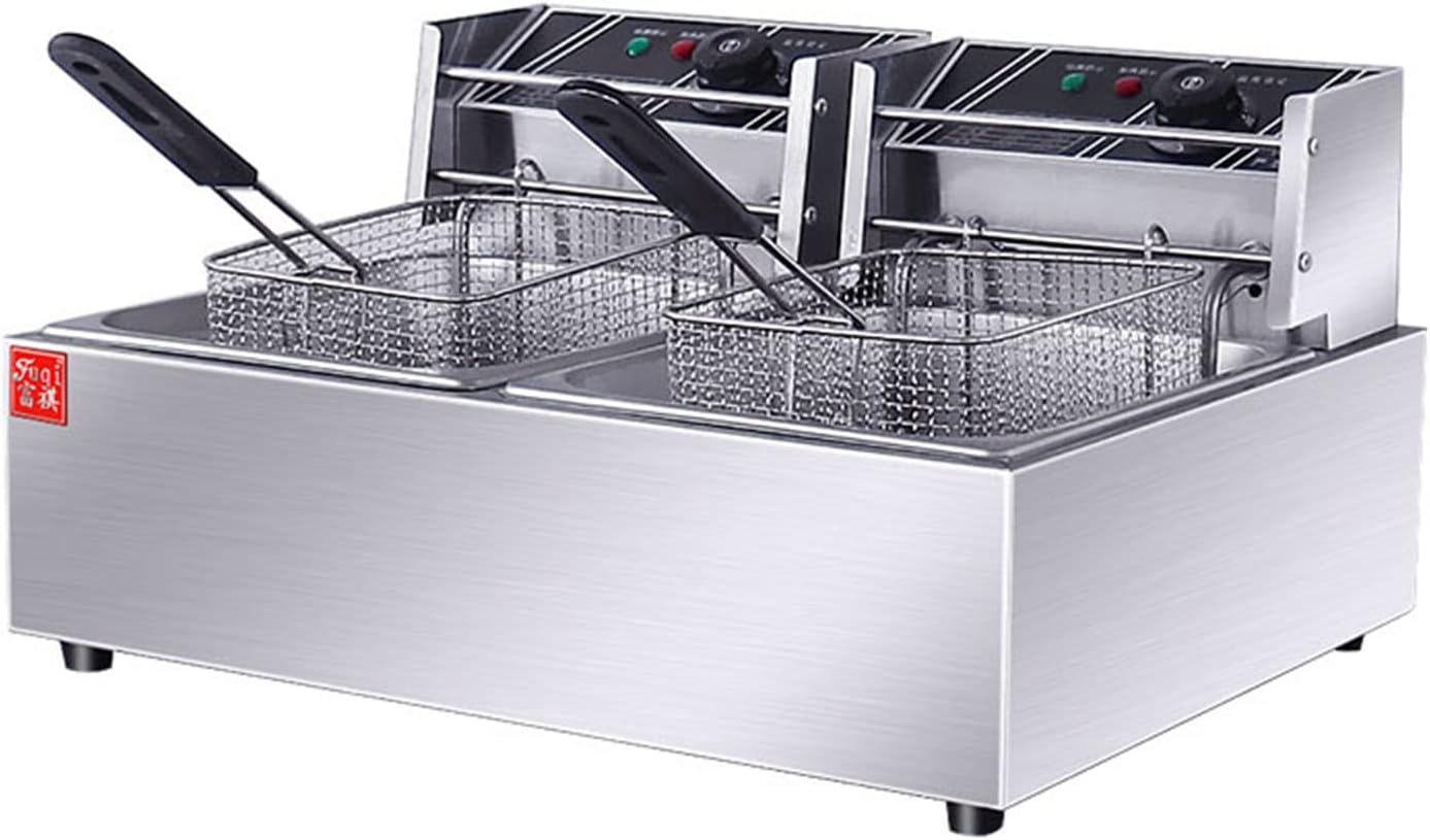 6l/12l Commercial Professional Restaurant Double-Cylinder Electric Fryer, Kitchen Tabletop Stainless Steel Fryer with Frying Basket, 60-200℃ Temperature Control, Used for French Fries Electric Fryer