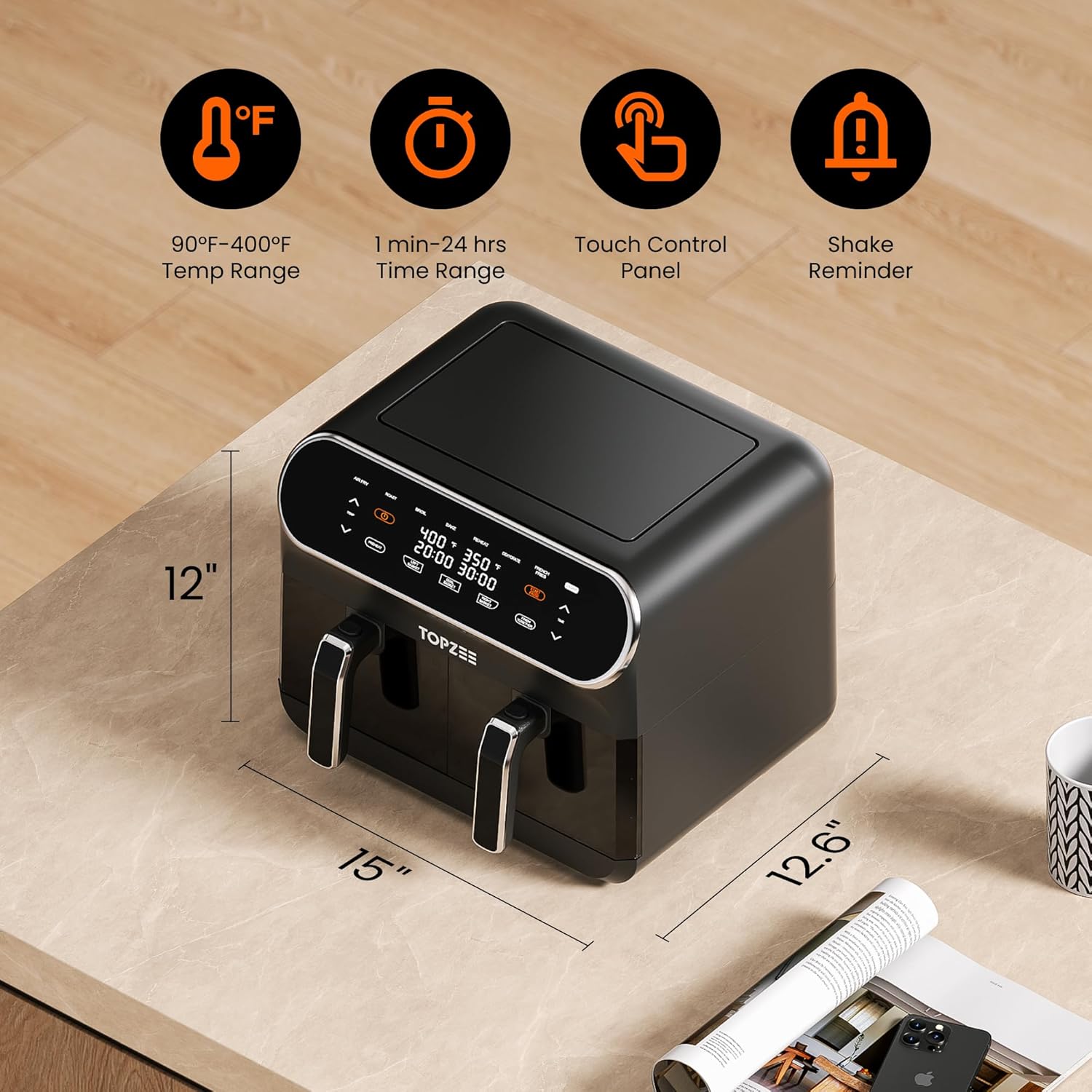 Topzee 8QT Dual Basket Air Fryer – Large 8-Quart Air Fryer with Independent Temperature Control, 8 Preset Functions, Match & Finish Together Mode, Clear Viewing Windows, Black