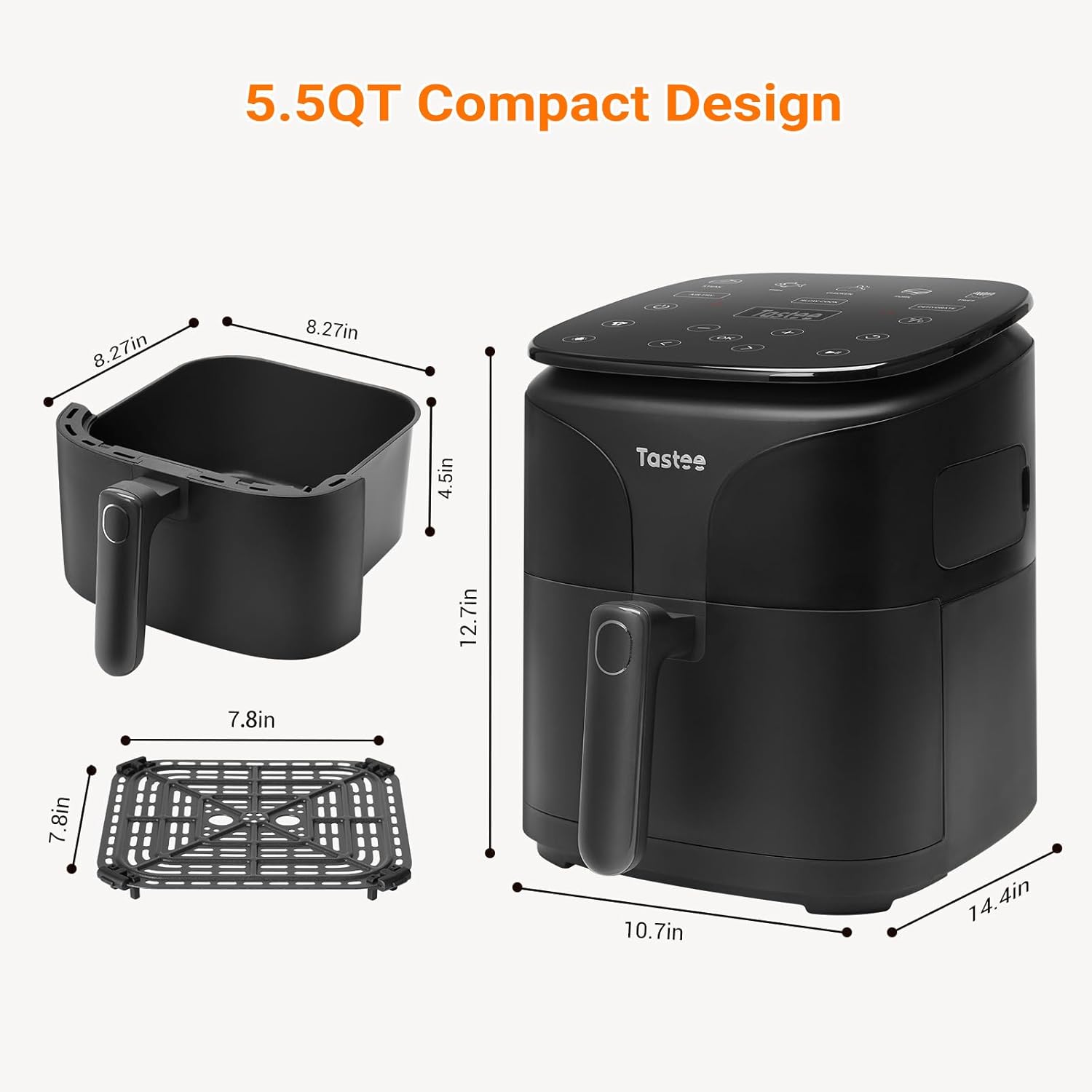 Tastee Air Fryer Lite, 8-in-1 Compact 5.5QT Oven with Single-Sensor Smart Probe, 450°F Digital Dehydrator, 24 One-Touch Presets, Dishwasher-Safe & Non-Stick Basket